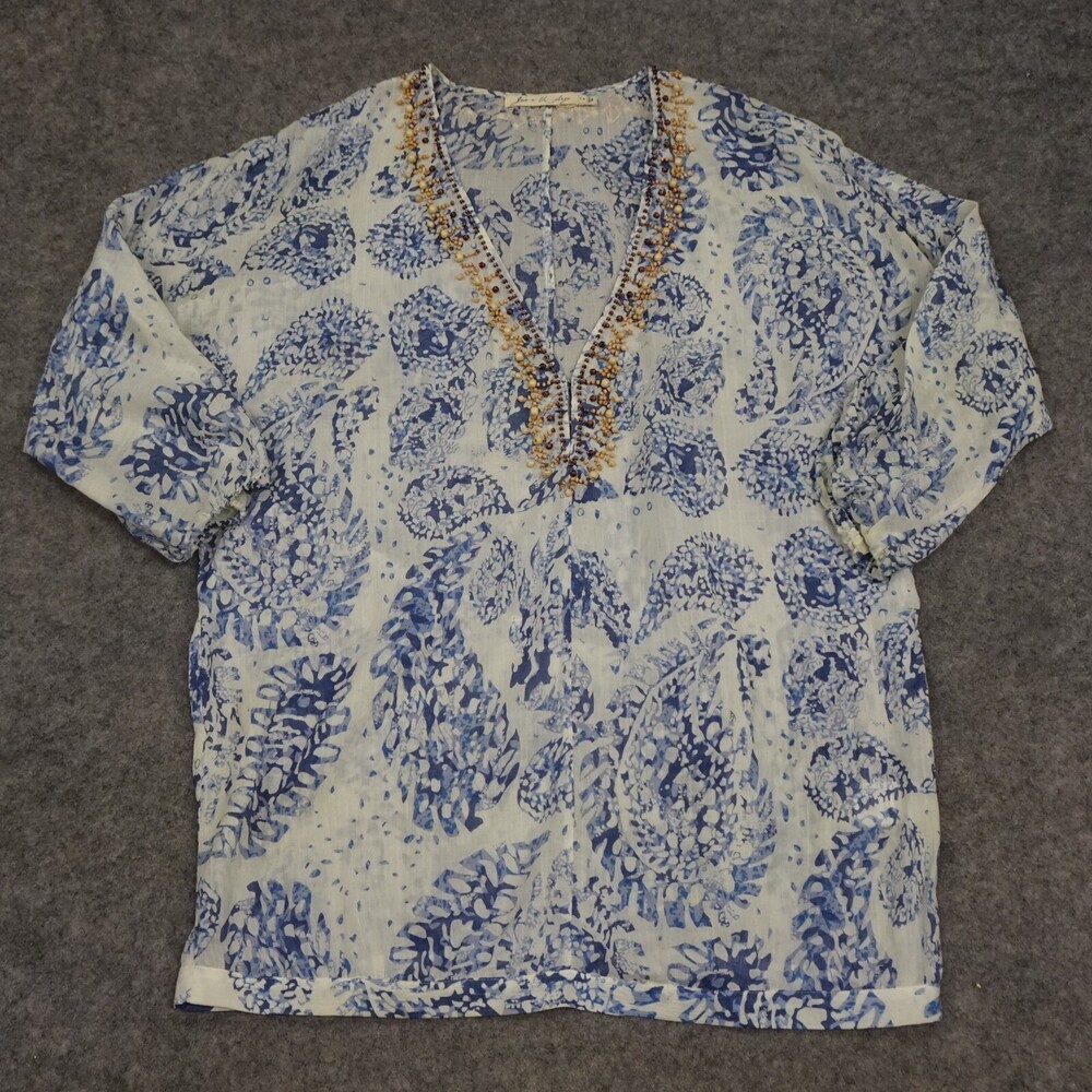 Joie Blouse Womens Small S Blue Beaded Batik Comfort Tunic 3/4 Sleeve Boho